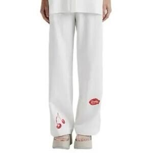 ROMY White Red Cherry Lips Embroidered Drawstring Loose Fit Pants size Medium